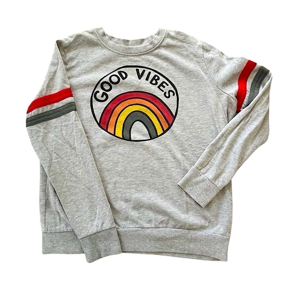 🌴 Good Vibes Rainbow Graphic Sweatshirt Gray Retro Small